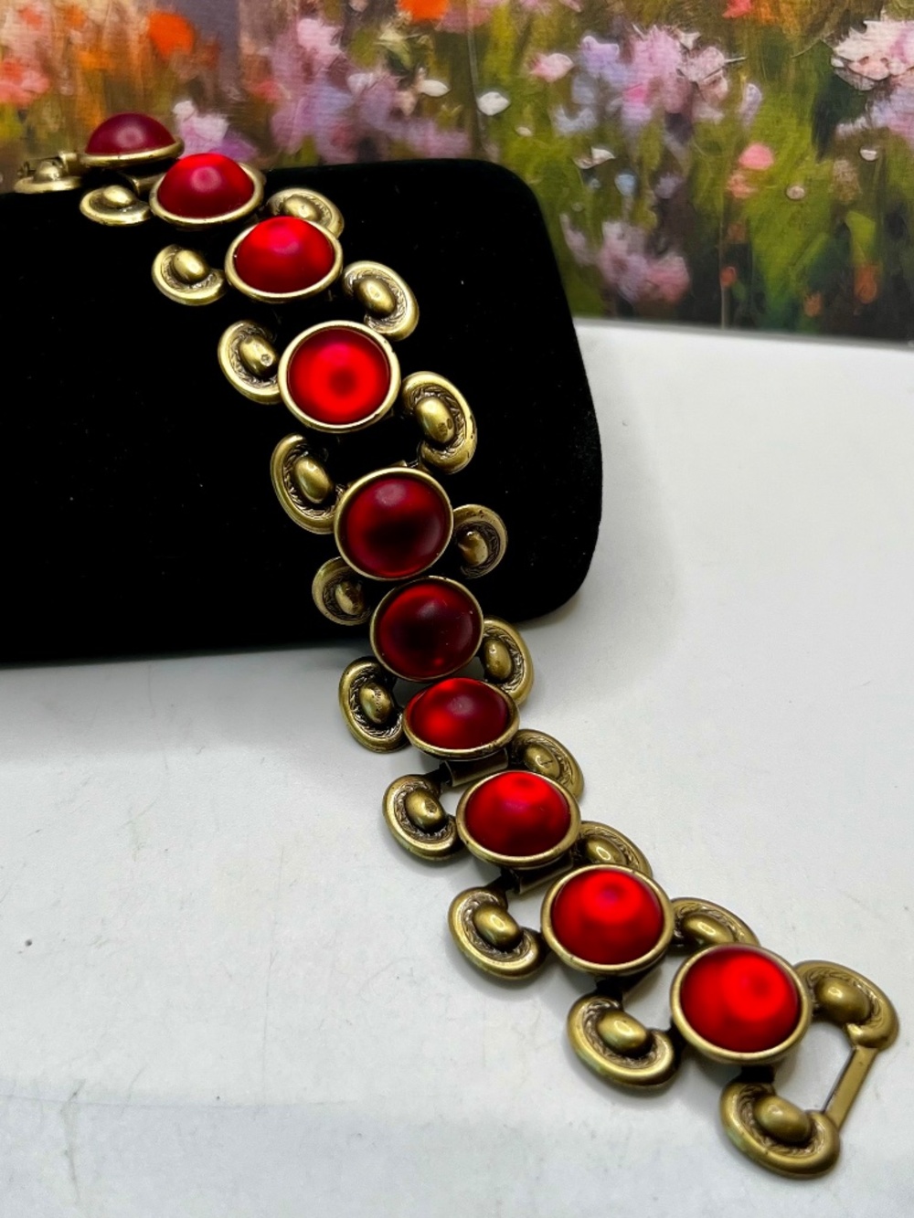 Brass Book Link Red Frosted Glass Bracelet - Picture 3 of 6